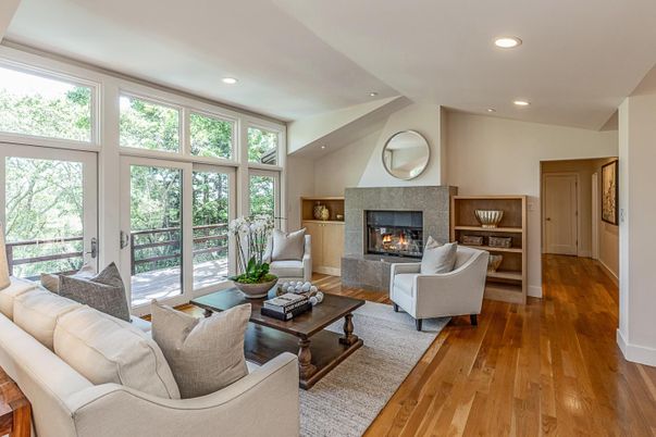 Fireplace, Interior, Living room, Recessed Lighting, Wood Texture Flooring