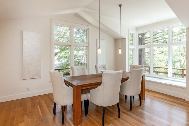 Dining room, Interior, Pendant Lights, Recessed Lighting, Wood Texture Flooring
