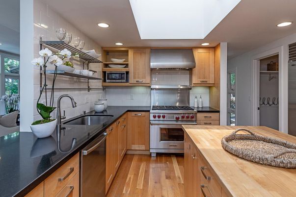 Interior, Kitchen, Recessed Lighting, Stainless Steel Appliances, Wood Texture Flooring