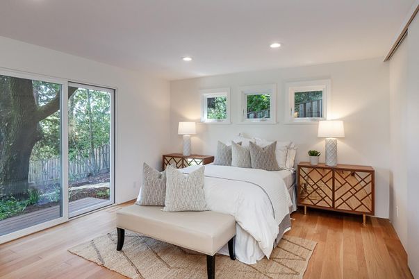 Bedroom, Interior, Recessed Lighting, Wood Texture Flooring