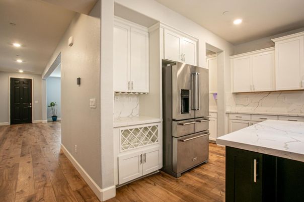 Interior, Kitchen, Marble Walls, Recessed Lighting, Wood Texture Flooring