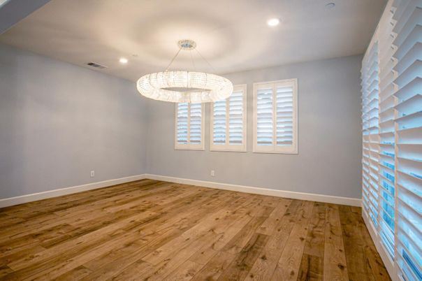 Chandelier, Empty room, Interior, Recessed Lighting, Wood Texture Flooring