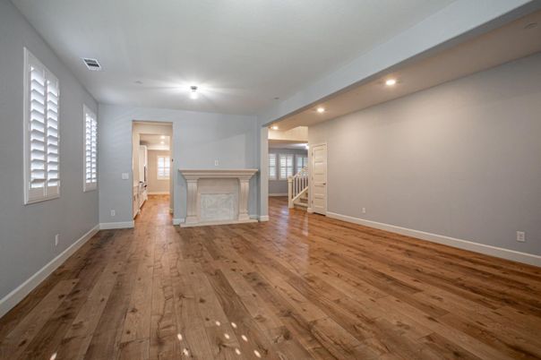 Empty room, Fireplace, Interior, Recessed Lighting, Wood Texture Flooring