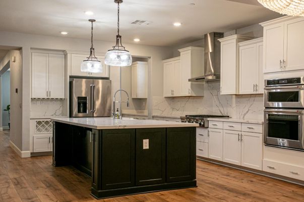 Interior, Kitchen, Marble Walls, Pendant Lights, Recessed Lighting, Stainless Steel Appliances, Wood Texture Flooring