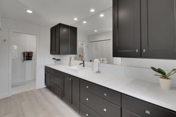 Bathroom, Dual Sink Vanities, Interior, Recessed Lighting, Wood Texture Flooring