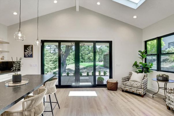 Dining room, Interior, Pendant Lights, Recessed Lighting, Wood Texture Flooring