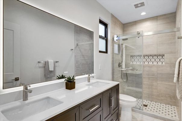 Bathroom, Dual Sink Vanities, Glass Shower, Interior, Recessed Lighting