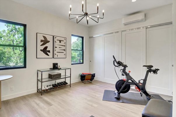 Chandelier, Fitness Equipment, Interior, Recessed Lighting, Wood Texture Flooring