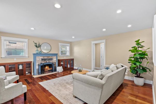 Fireplace, Interior, Living room, Recessed Lighting, Wood Texture Flooring
