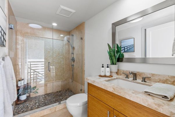 Bathroom, Glass Shower, Interior, Recessed Lighting