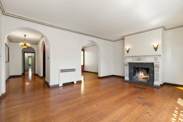Chandelier, Empty room, Fireplace, Interior, Wood Texture Flooring