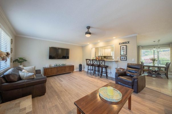 Dining room, Interior, Kitchen, Living room, Recessed Lighting, Wood Texture Flooring