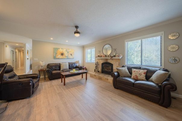 Fireplace, Interior, Living room, Recessed Lighting, Wood Texture Flooring