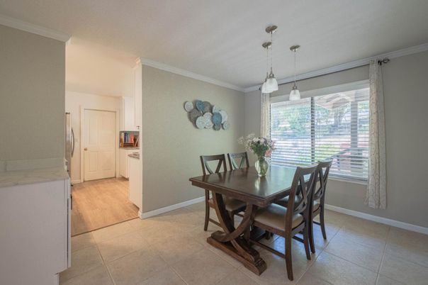 Dining room, Interior, Pendant Lights, Wood Texture Flooring