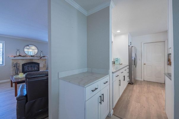 Fireplace, Interior, Recessed Lighting, Wood Texture Flooring