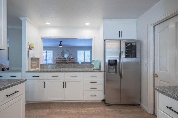 Interior, Kitchen, Recessed Lighting, Stainless Steel Appliances, Wood Texture Flooring