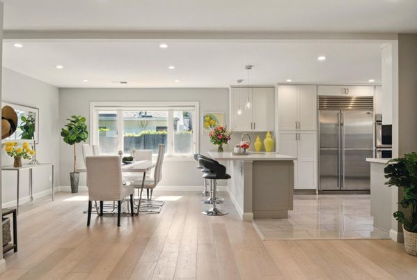 Dining room, Interior, Kitchen, Pendant Lights, Recessed Lighting, Stainless Steel Appliances, Wood Texture Flooring