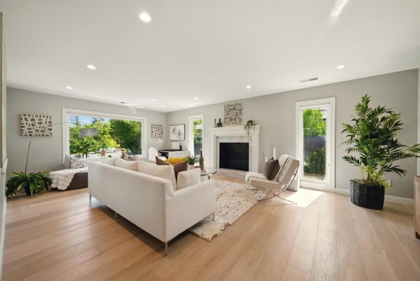 Fireplace, Interior, Living room, Recessed Lighting, Wood Texture Flooring