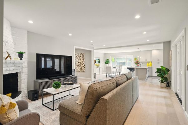 Dining room, Fireplace, Interior, Kitchen, Living room, Pendant Lights, Recessed Lighting, Wood Texture Flooring