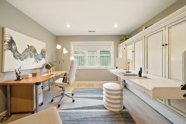 Home Office, Interior, Recessed Lighting, Wood Texture Flooring