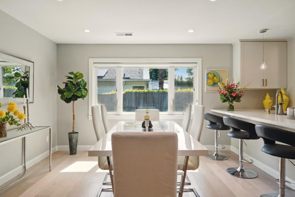 Dining room, Interior, Pendant Lights, Recessed Lighting, Wood Texture Flooring