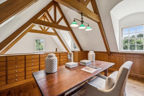 Home Office, Interior, Pendant Lights, Wooden Beams, Wood Texture Flooring