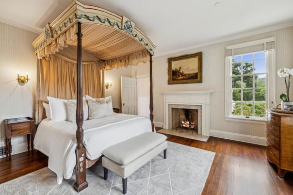 Bedroom, Fireplace, Interior, Wood Texture Flooring