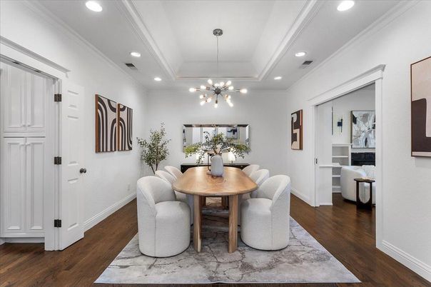 Dining room, Interior, Pendant Lights, Recessed Lighting, Wood Texture Flooring