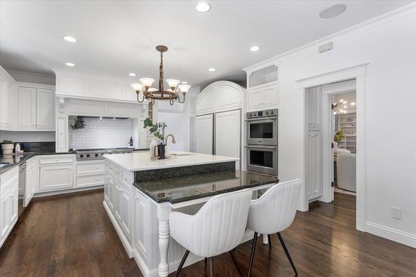 Chandelier, Interior, Kitchen, Recessed Lighting, Stainless Steel Appliances, Wood Texture Flooring