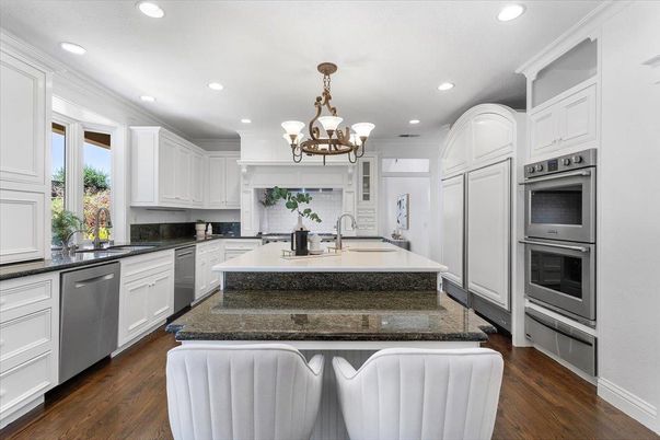 Chandelier, Interior, Kitchen, Recessed Lighting, Stainless Steel Appliances, Wood Texture Flooring