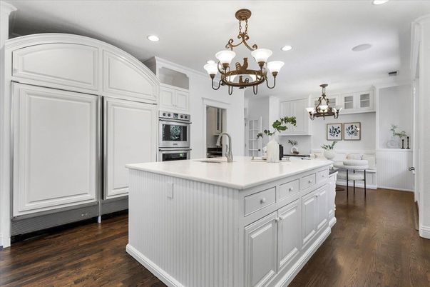 Chandelier, Interior, Kitchen, Recessed Lighting, Stainless Steel Appliances, Wood Texture Flooring