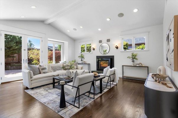 Fireplace, Interior, Living room, Recessed Lighting, Wood Texture Flooring