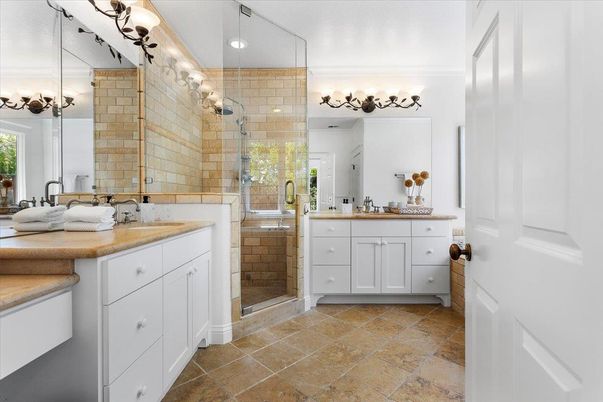 Bathroom, Dual Sink Vanities, Glass Shower, Interior, Recessed Lighting