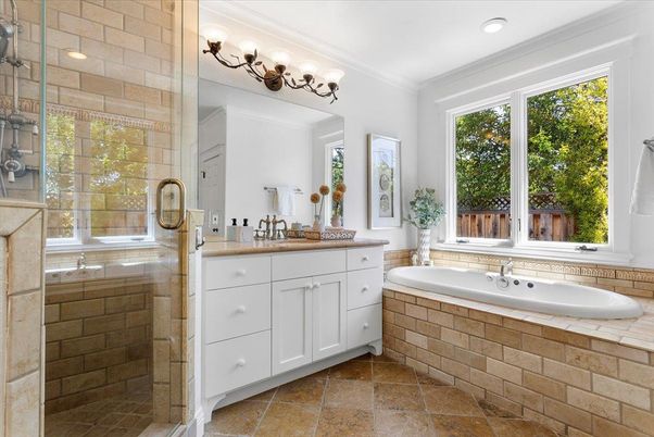 Bathroom, Dual Sink Vanities, Glass Shower, Interior, Recessed Lighting, Stone Walls