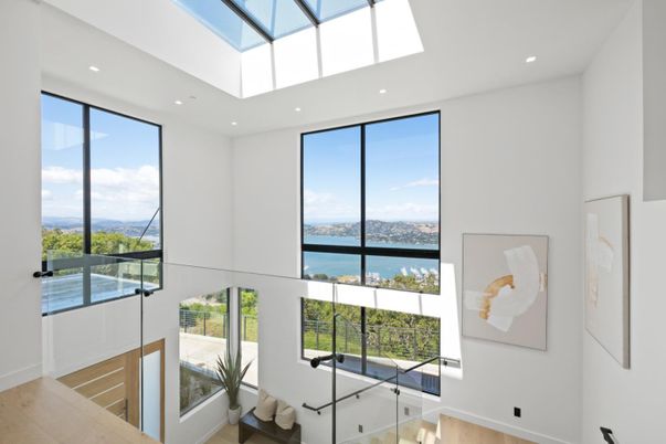 Glass Ceilings, Interior, Recessed Lighting, Water, Wood Texture Flooring