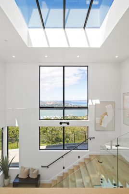Glass Ceilings, Interior, Recessed Lighting, Water, Wood Texture Flooring