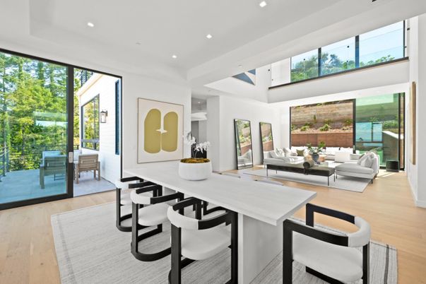 Dining room, Interior, Living room, Recessed Lighting, Water, Wood Texture Flooring