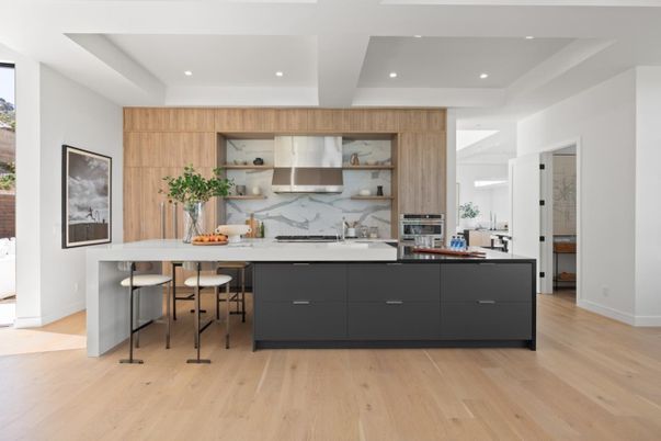 Interior, Kitchen, Marble Walls, Recessed Lighting, Stainless Steel Appliances, Wood Texture Flooring