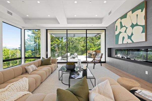 Fireplace, Home Office, Interior, Living room, Recessed Lighting, Wood Texture Flooring