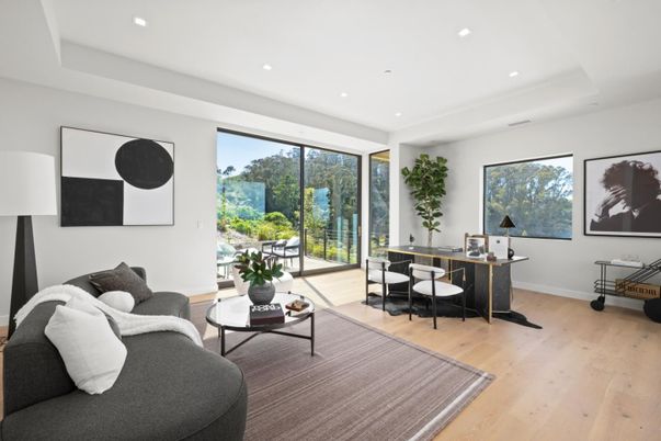 Home Office, Interior, Living room, Recessed Lighting, Wood Texture Flooring