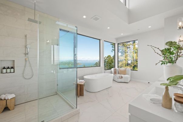 Bathroom, Dual Sink Vanities, Free Standing Baths, Glass Shower, Interior, Marble, Recessed Lighting, Water