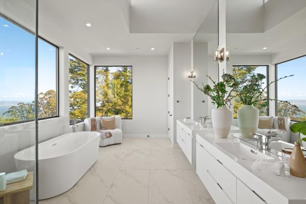 Bathroom, Dual Sink Vanities, Free Standing Baths, Glass Shower, Interior, Marble, Recessed Lighting, Water