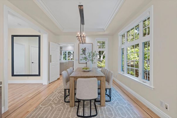 Dining room, Interior, Pendant Lights, Wood Texture Flooring