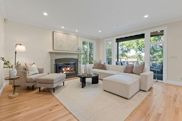 Fireplace, Interior, Living room, Recessed Lighting, Wood Texture Flooring