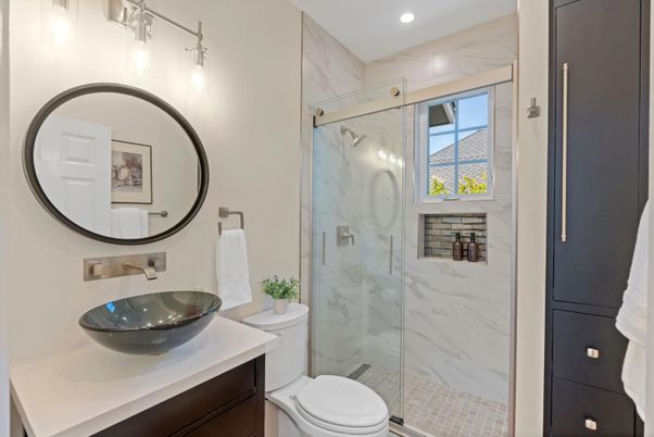 Bathroom, Glass Shower, Interior, Marble Walls, Recessed Lighting