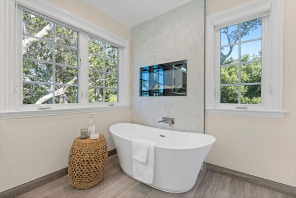 Bathroom, Free Standing Baths, Interior, Marble Walls, Wood Texture Flooring