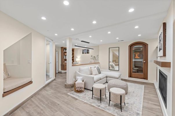 Fireplace, Interior, Living room, Recessed Lighting, Wood Texture Flooring