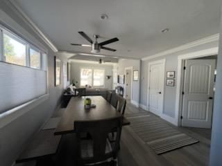 Dining room, Interior, Living room, Recessed Lighting, Wood Texture Flooring