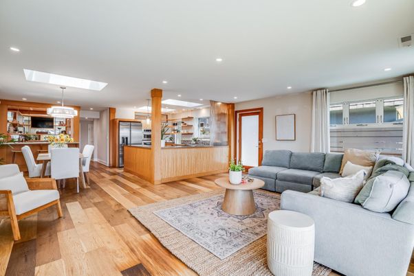Dining room, Interior, Kitchen, Living room, Pendant Lights, Recessed Lighting, Stainless Steel Appliances, Wood Texture Flooring