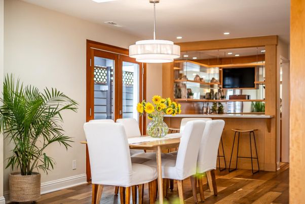 Dining room, Interior, Pendant Lights, Recessed Lighting, Wood Texture Flooring
